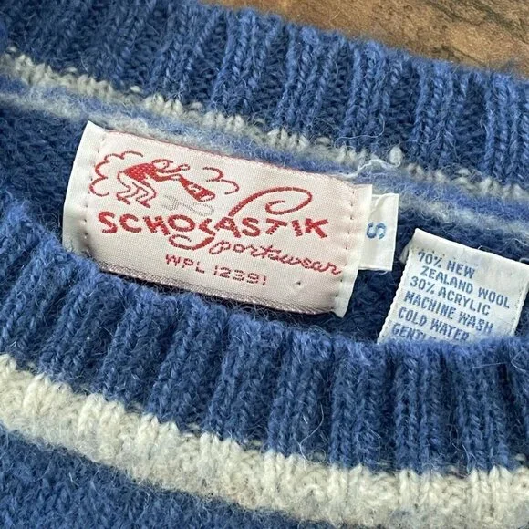 Scholastik Sportswear Womens Vintage 1970s Sweater Sz S Blue White Wool Crewneck - Picture 8 of 8